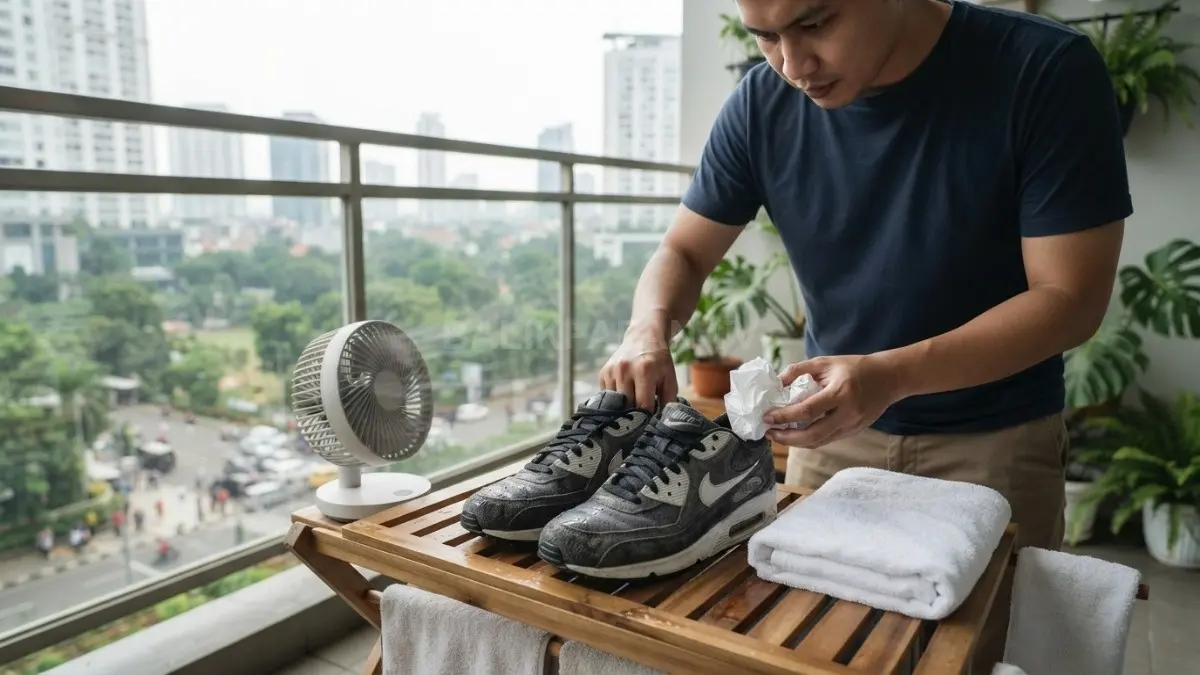 Keringkan sepatu secara alami, hindari panas berlebihan, dan gunakan ventilasi agar material tetap terjaga (BTV/AI)
