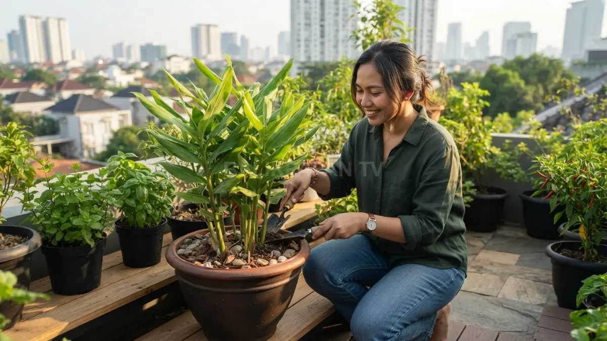 Lengkuas dalam pot dapat mempercantik kebun mini sekaligus melengkapi kebutuhan bumbu dapur rumah. (BTV/AI)