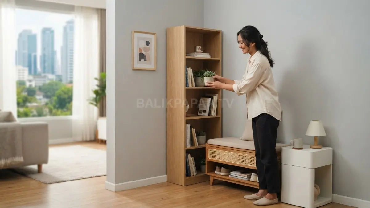 Manfaatkan sudut kosong dengan furnitur multifungsi seperti rak, kabinet, atau bangku penyimpanan agar ruangan tetap rapi, lapang, fungsional, dan nyaman. (BTV/AI)