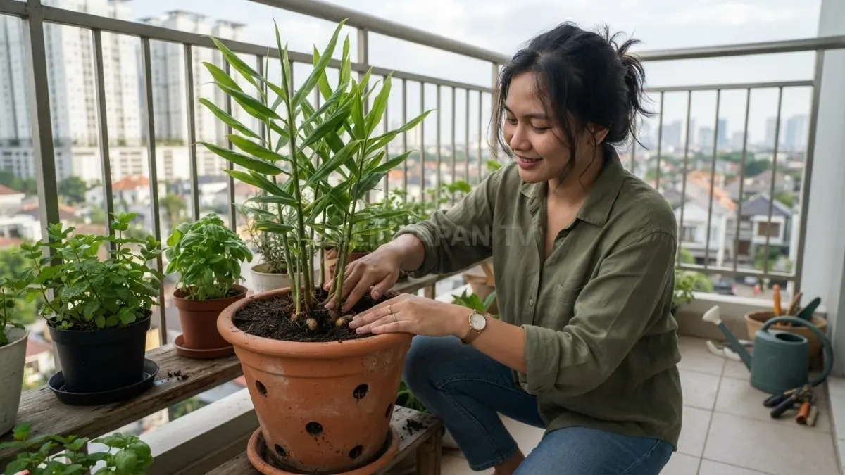 Menanam jahe dalam pot menjadi pilihan praktis untuk kebun bumbu rumahan dengan lahan terbatas. (BTV/AI)