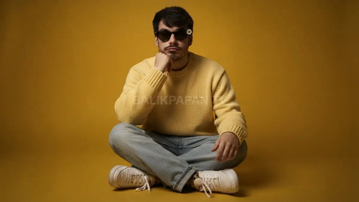 Penampilan santai Rex Orange County dalam sweater kuning bernuansa kasual tampil estetik memikat perhatian. (BTV/Ai)
