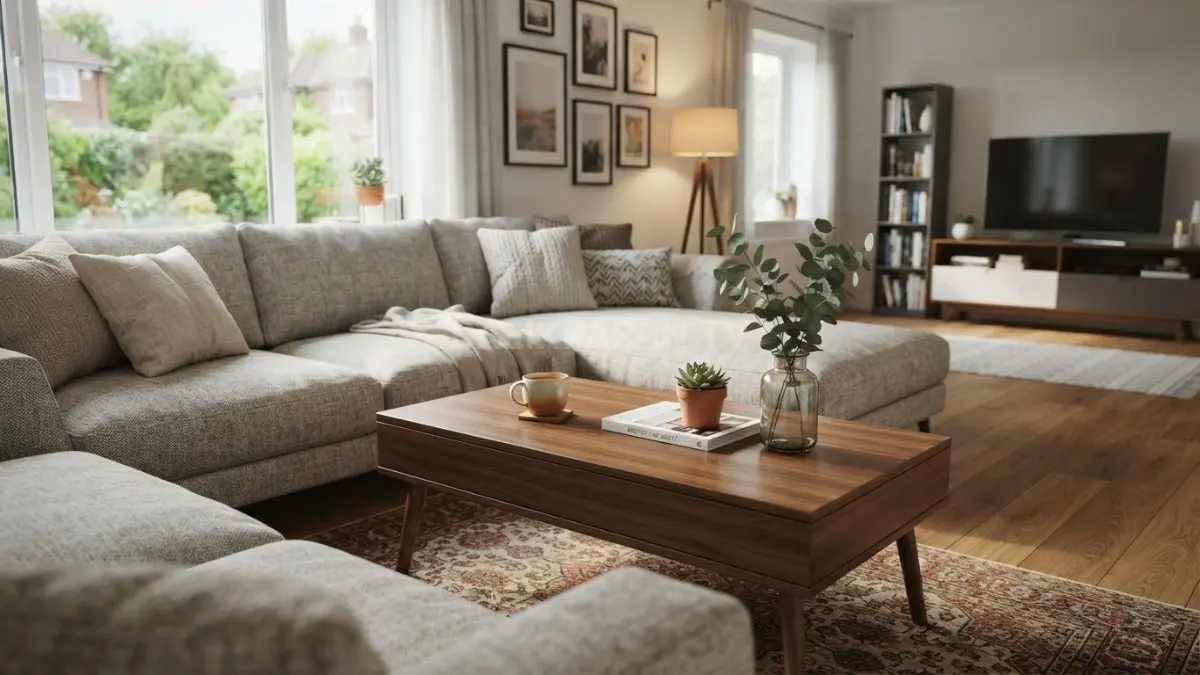 Pilih coffee table sesuai ukuran sofa agar ruang tamu terlihat rapi, seimbang, dan nyaman digunakan. (BTV/AI)