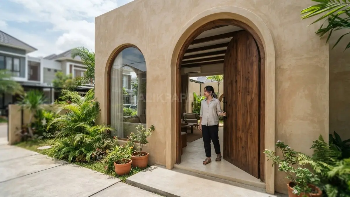 Pintu lengkung menjadi titik fokus rumah Adobe Revival, menonjolkan karakter hangat melalui kayu dan warna pasir. (BTV/AI)