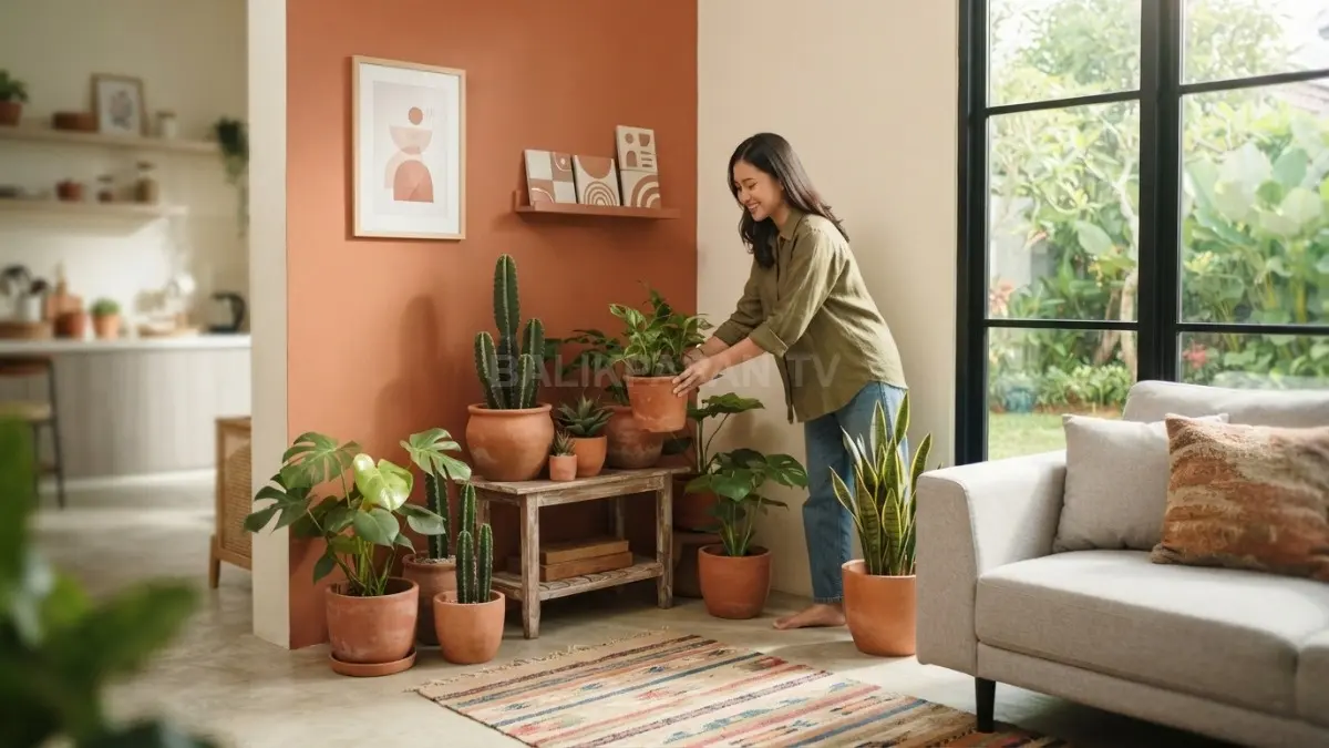 Pot terracotta dan tanaman hijau menghadirkan nuansa Meksiko yang hangat, natural, segar, serta berkarakter pada rumah. (BTV/AI)