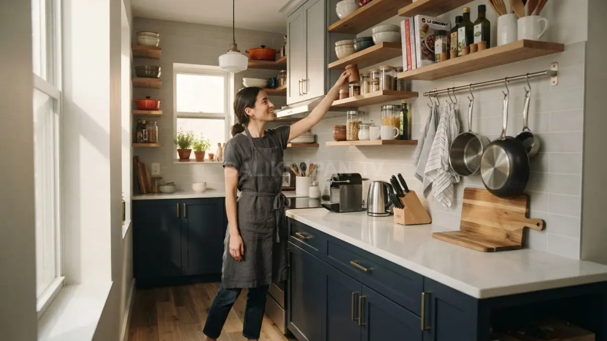 Rak gantung dan kabinet vertikal membantu memaksimalkan penyimpanan sekaligus menjaga countertop tetap rapi dan fungsional. (BTV/AI)