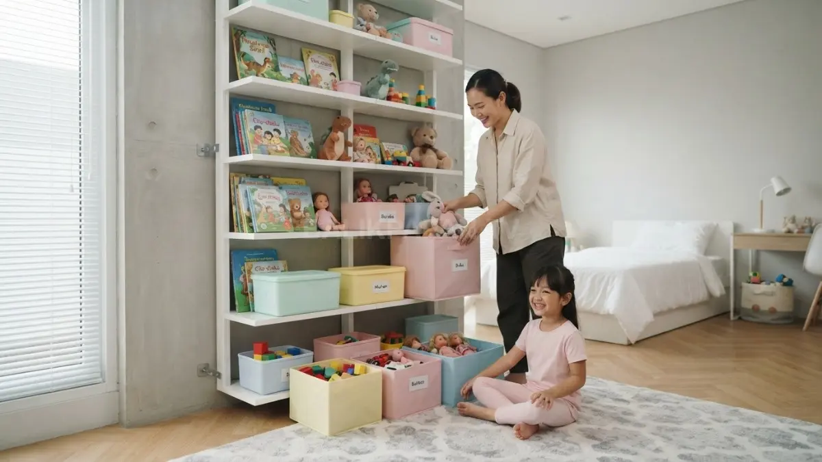 Rak putih membantu kamar tetap rapi, sementara storage pastel memudahkan anak mengelompokkan mainan dengan aman. (BTV/AI)