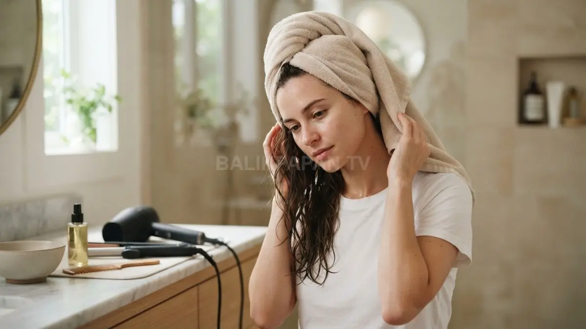 Rambut tetap sehat dengan membatasi alat styling panas dan memilih suhu rendah untuk perawatan lebih lembut. (BTV/AI)