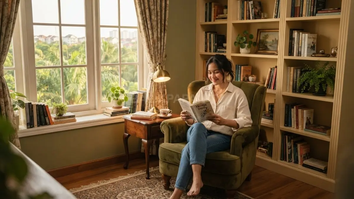 Reading corner ala rumah Inggris menghadirkan kursi nyaman, rak buku, meja kecil, dan lampu baca hangat. (BTV/AI)