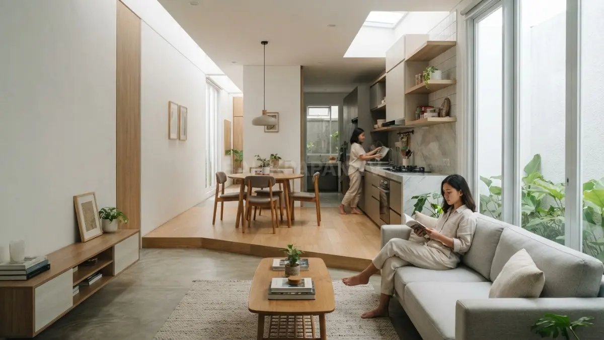 Ruang terbuka membantu menghubungkan aktivitas keluarga, makan, dan dapur tanpa membuat rumah mungil terasa sempit. (BTV/AI)