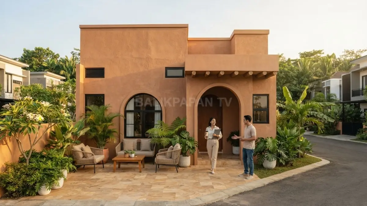 Rumah Adobe Revival bergaya minimalis memadukan atap datar, dinding bernuansa tanah, dan aksen kayu alami. (BTV/AI)