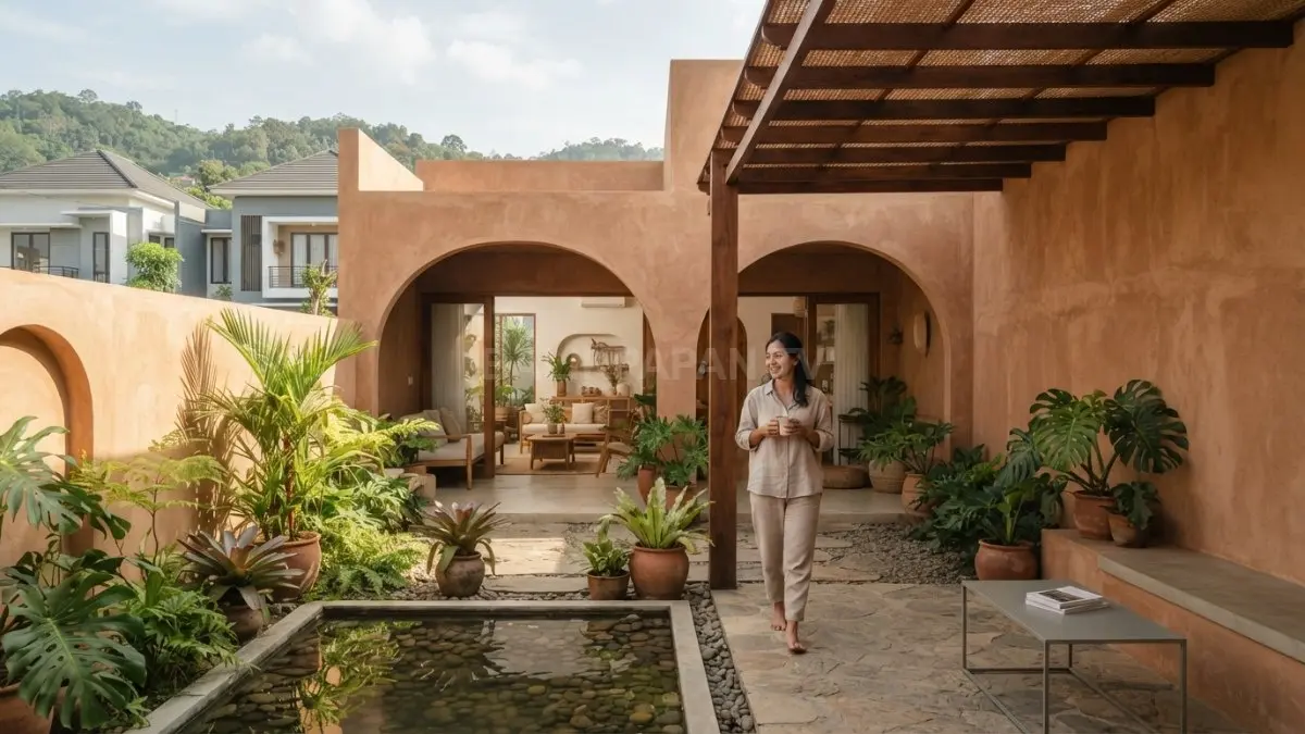 Rumah Adobe Revival dengan courtyard menghadirkan taman tengah, batu alam, tempat duduk, dan kolam refleksi sederhana. (BTV/AI)