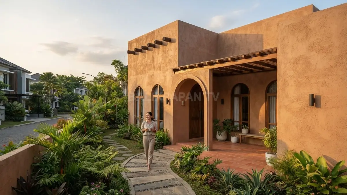 Rumah Adobe Revival menghadirkan fasad earth tone dengan dinding bertekstur, bentuk sederhana, dan karakter alami. (BTV/AI)