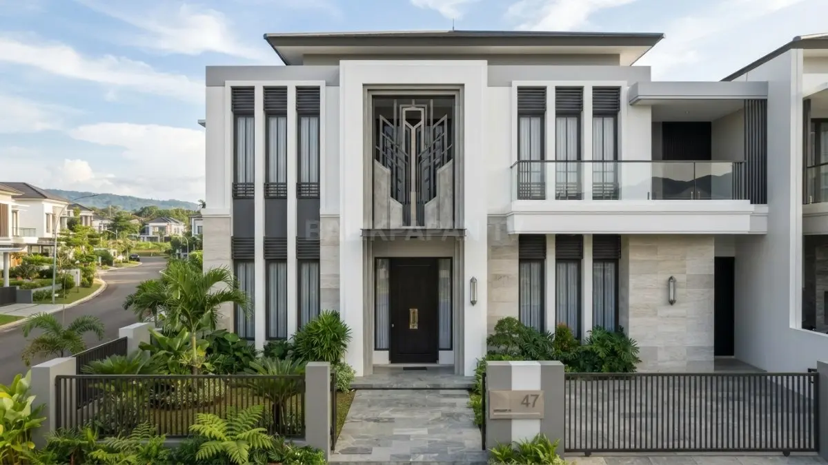 Rumah Art Deco monokrom memadukan geometri tegas, aksen metalik, material elegan, dan fasad minimalis modern. (BTV/AI)