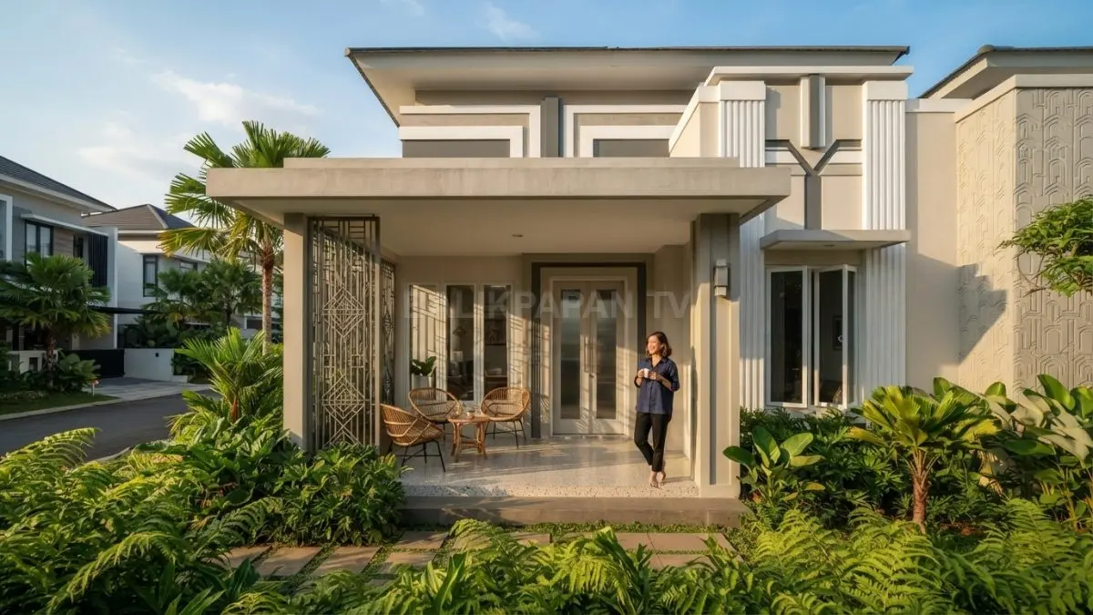 Rumah Art Deco tropis memadukan teras teduh, garis geometris, kanopi, kisi-kisi, dan vegetasi hijau. (BTV/AI)