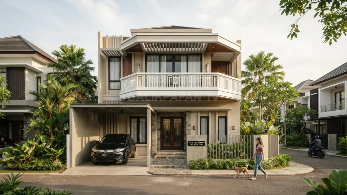 Rumah dua lantai bergaya Art Deco menampilkan balkon geometris, fasad simetris, garis tegas, dan kisi dekoratif. (BTV/AI)