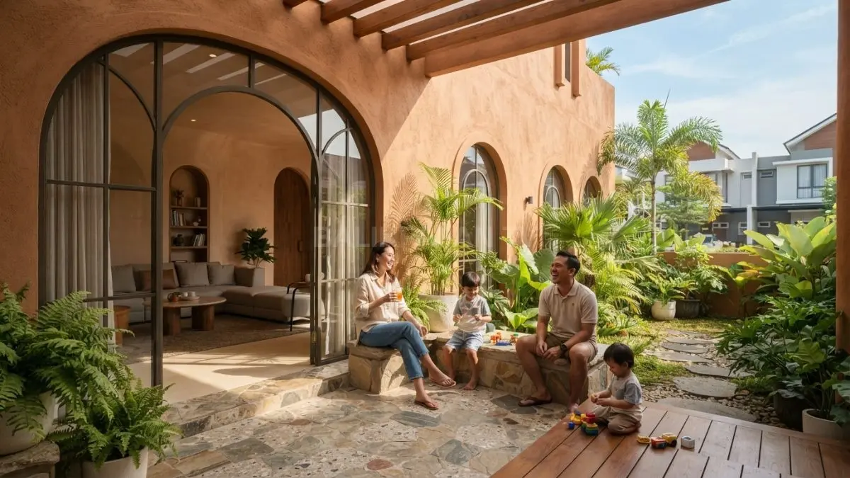 Rumah minimalis Adobe Revival memadukan dinding earth tone, lengkungan, material alami, teras, dan lanskap tropis. (BTV/AI)