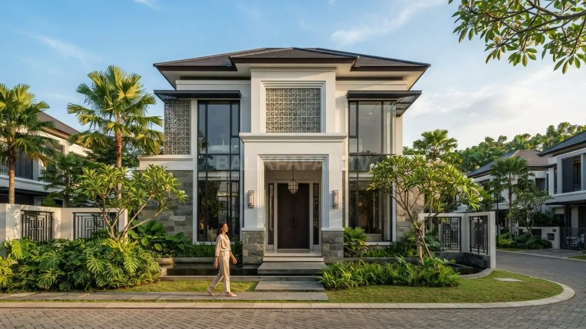 Rumah minimalis Art Deco memadukan fasad geometris, komposisi simetris, material elegan, dan strategi tropis modern. (BTV/AI)