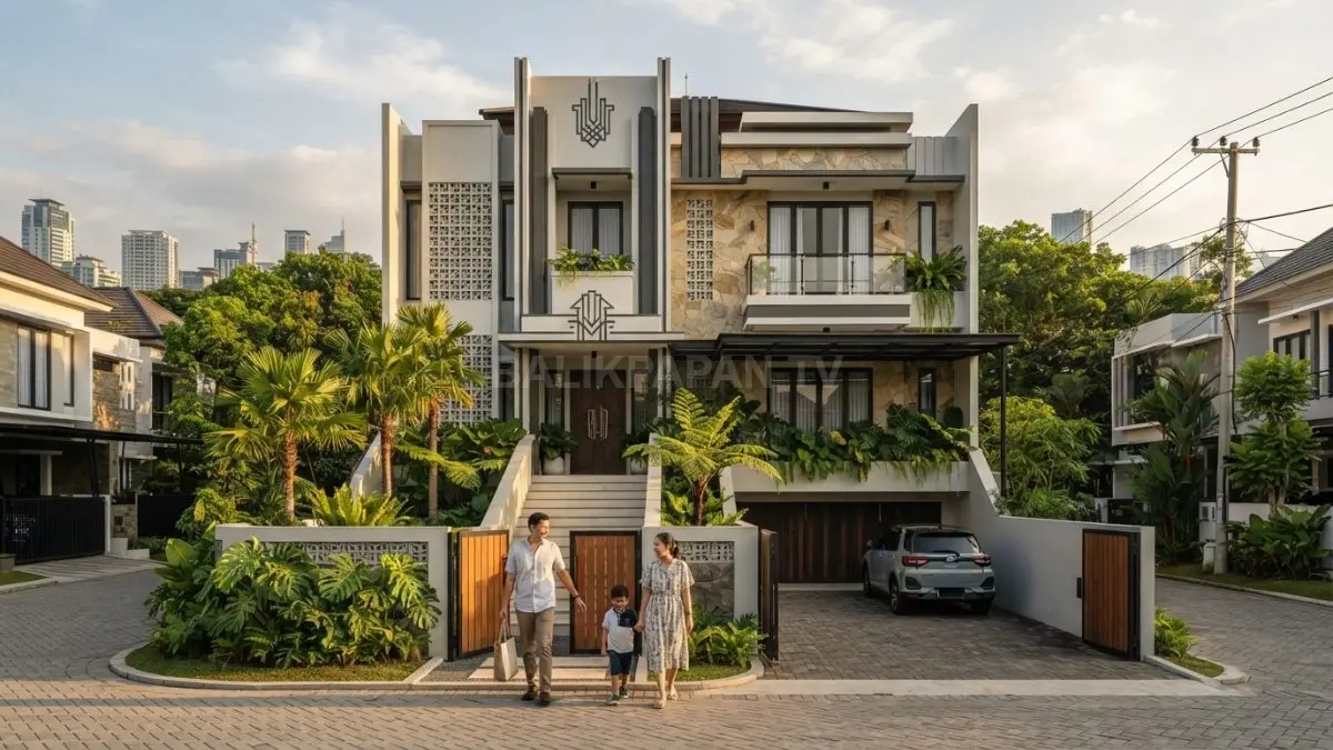 Rumah minimalis Art Deco memadukan fasad geometris, simetri, garis tegas, dan material elegan untuk hunian modern. (BTV/AI)