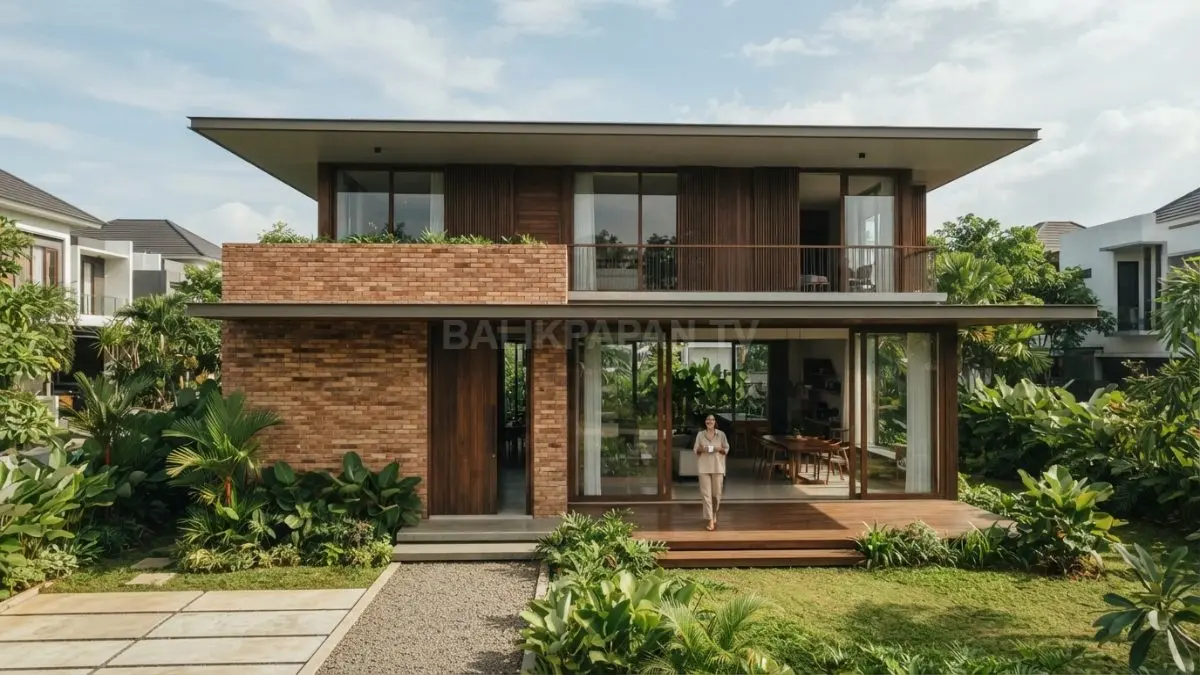 Rumah minimalis gaya Illinois memadukan bata ekspos, aksen kayu, garis horizontal, dan teritis lebar berkarakter. (BTV/AI)