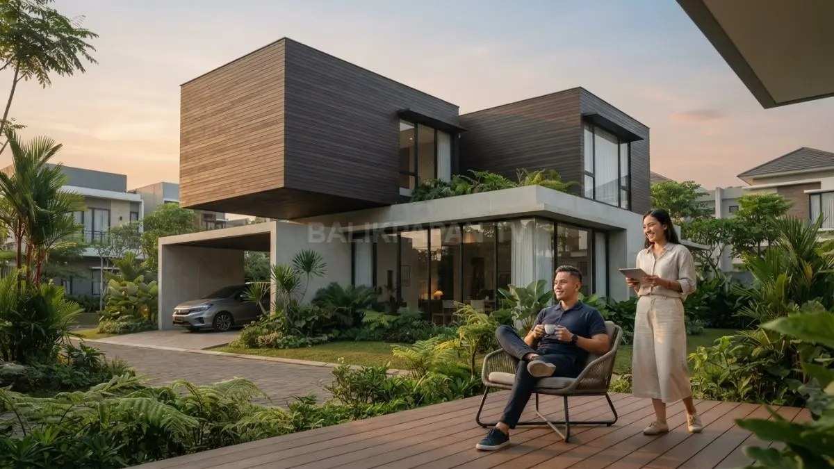 Rumah minimalis gaya Illinois menampilkan bentuk geometris, garis horizontal, massa bangunan sederhana, dan fasad modern. (BTV/AI)