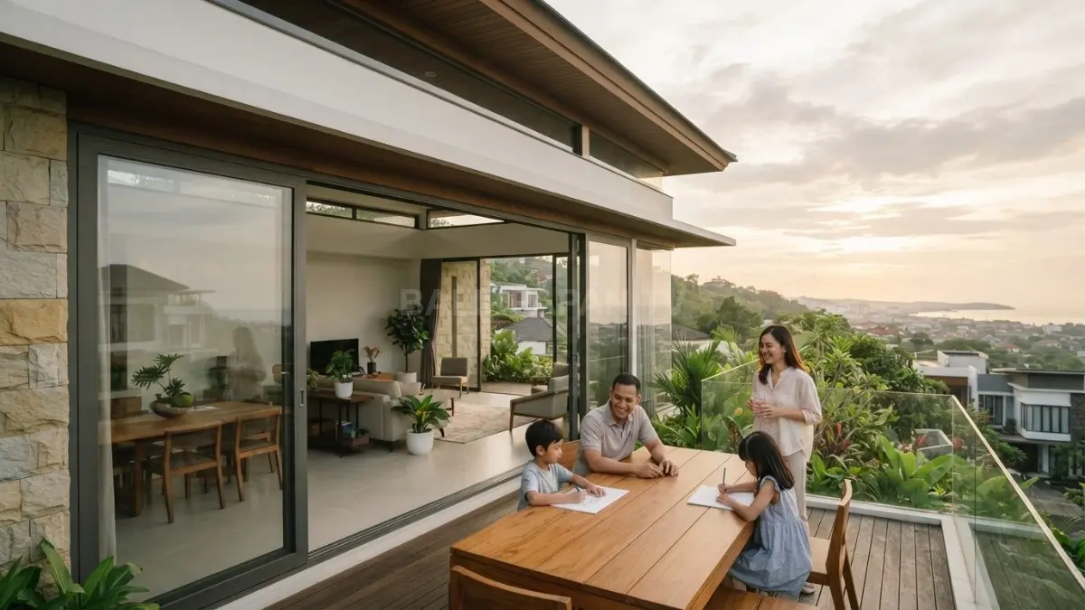 Rumah minimalis gaya Illinois menampilkan garis horizontal, kaca luas, material alami, dan hubungan kuat dengan lanskap. (BTV/AI)