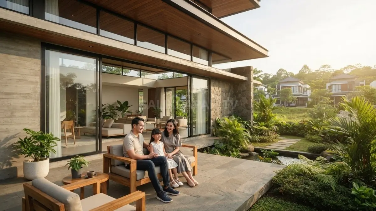 Rumah minimalis gaya Illinois menampilkan garis horizontal, kaca luas, material alami, serta lanskap yang menyatu harmonis. (BTV/AI)