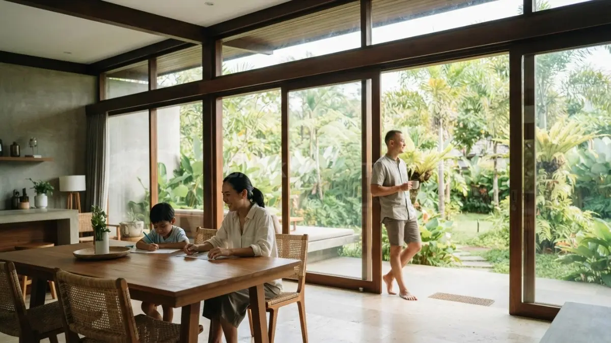 Rumah minimalis gaya Illinois menggunakan jendela horizontal luas untuk menghadirkan cahaya alami dan pemandangan taman. (BTV/AI)