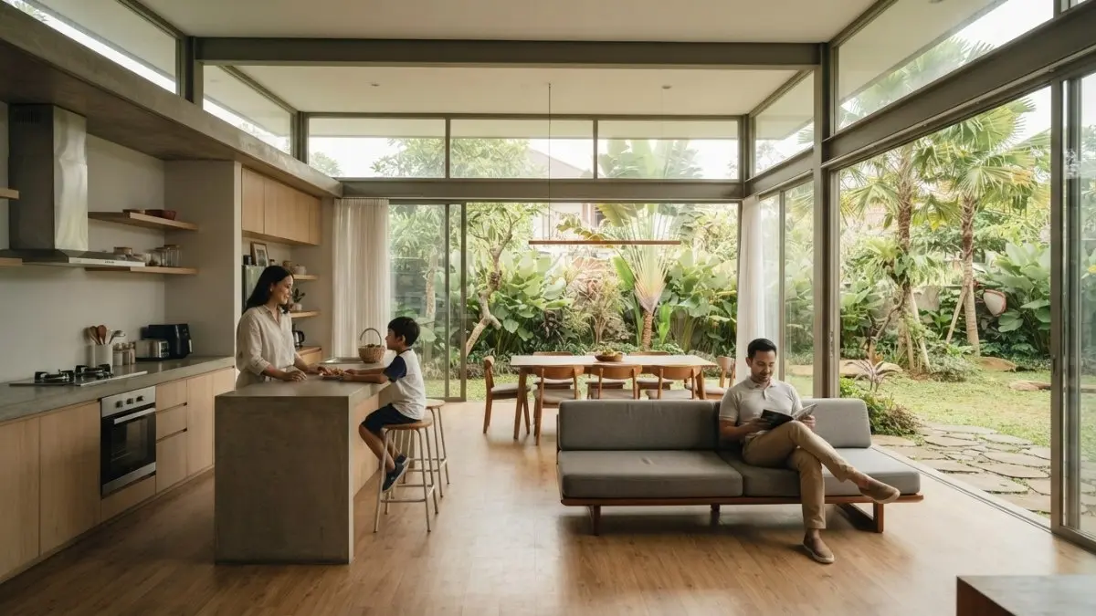 Rumah minimalis gaya Illinois menghadirkan ruang terbuka, sirkulasi mengalir, dan hubungan harmonis dengan lanskap sekitar. (BTV/AI)