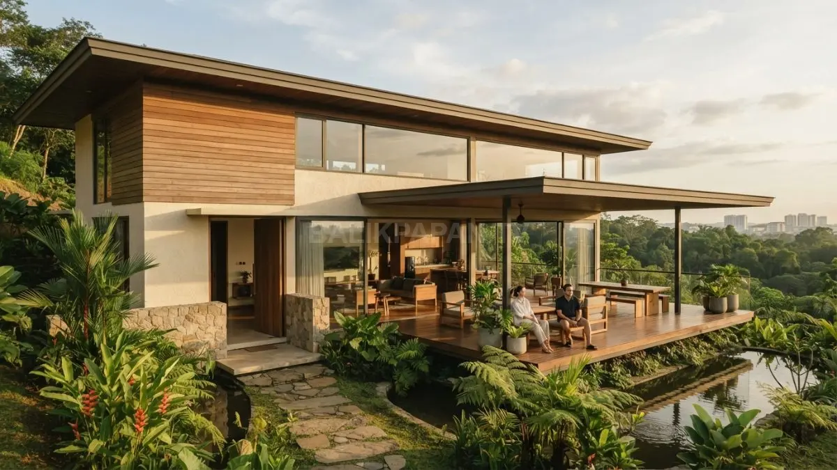 Rumah minimalis gaya Illinois menonjolkan garis horizontal, atap rendah, jendela lebar, dan hubungan lanskap alami. (BTV/AI)