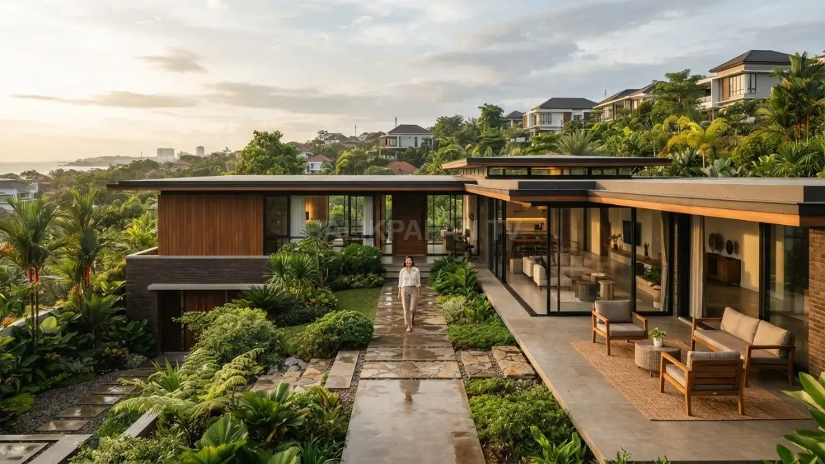 Rumah minimalis gaya Illinois menonjolkan garis horizontal, kaca luas, material alami, serta taman yang menyatu. (BTV/AI)