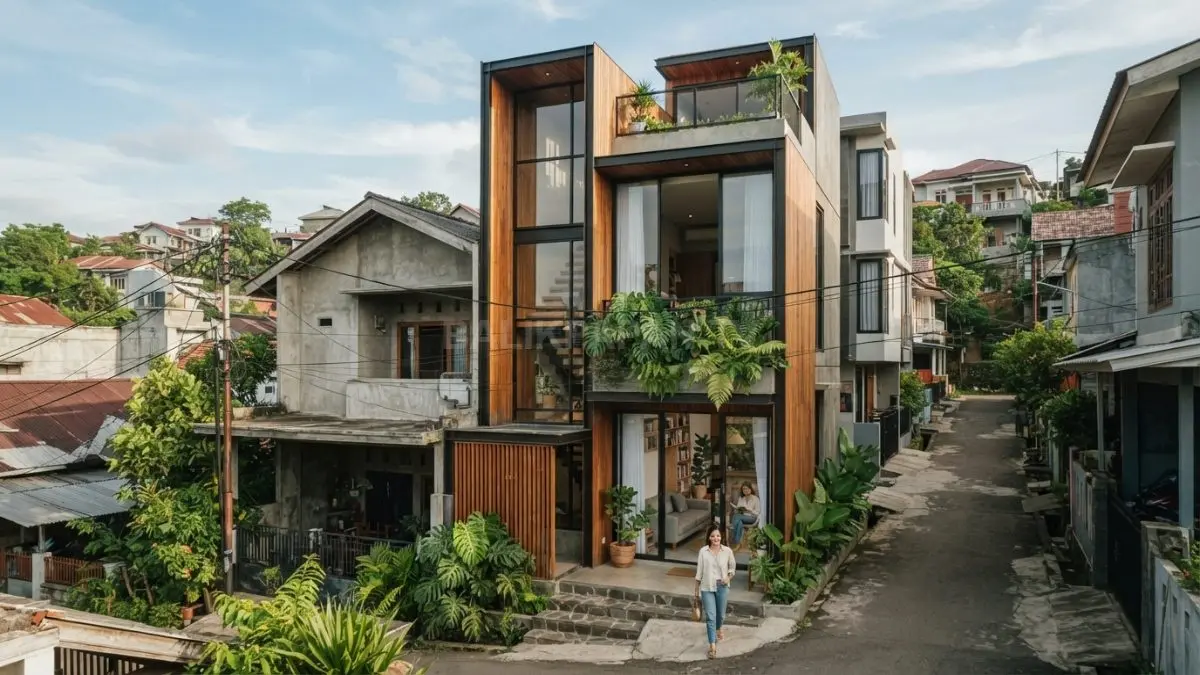 Rumah mungil memanfaatkan desain vertikal, bukaan alami, dan ruang fungsional untuk mengoptimalkan kenyamanan di lahan terbatas. (BTV/AI)