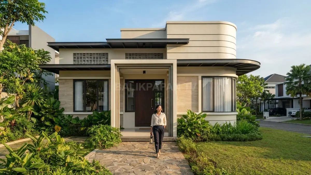 Rumah Streamline Art Deco memadukan garis horizontal, sudut membulat, kanopi, ventilasi silang, dan bukaan proporsional. (BTV/AI)