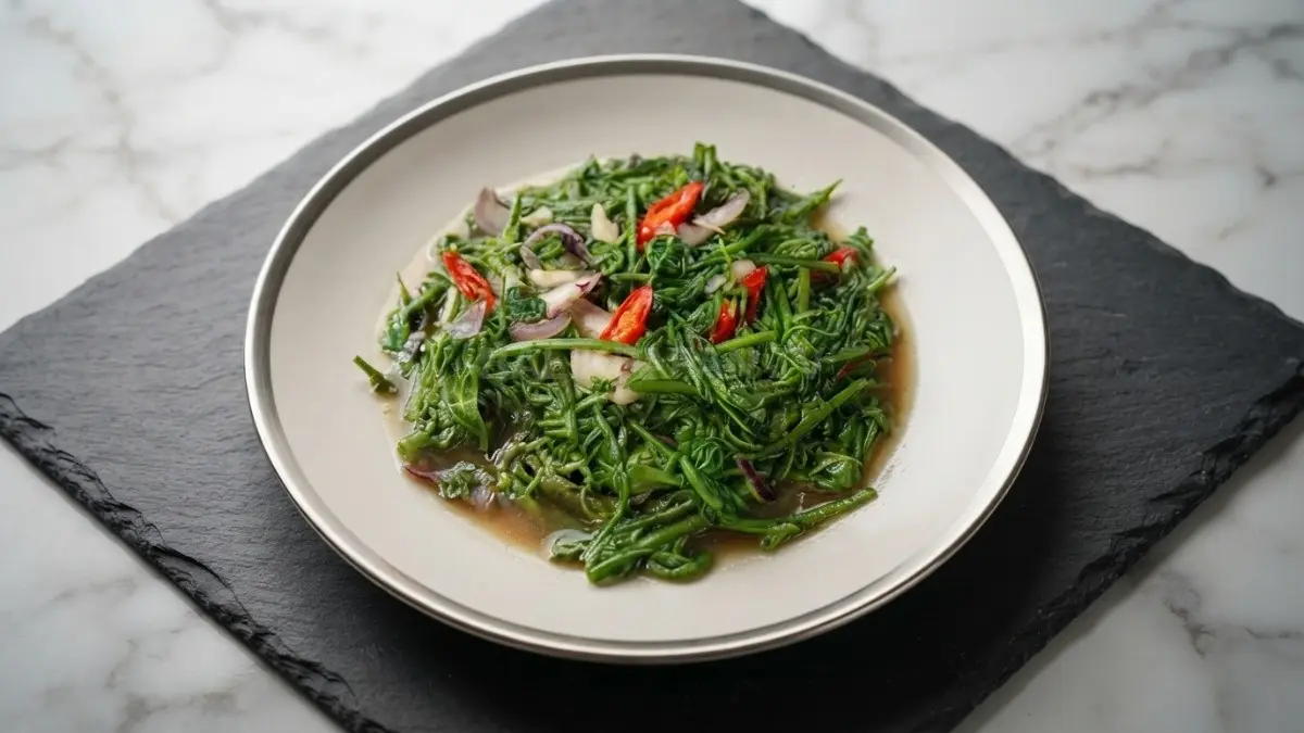 Sajian tumis kalakai siram yang hijau dan segar siap memanjakan lidah para penikmat kuliner. (BTV/Ai)