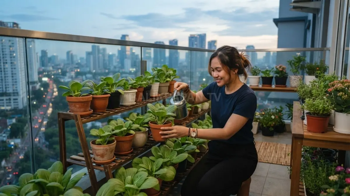 Sawi cocok ditanam di balkon dengan pot, pencahayaan sesuai, penyiraman teratur, dan rak bertingkat agar rapi. (BTV/AI)