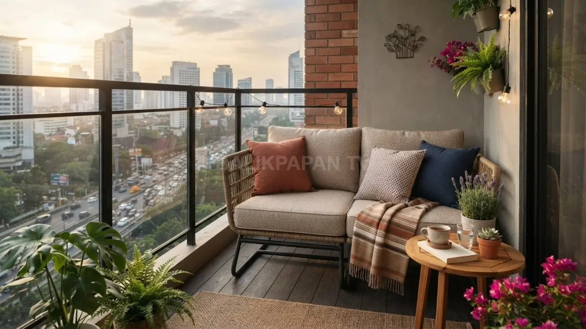 Sofa outdoor kompak menjadi pilihan tepat untuk menciptakan sudut santai nyaman tanpa membuat balkon terasa sempit. (BTV/AI)