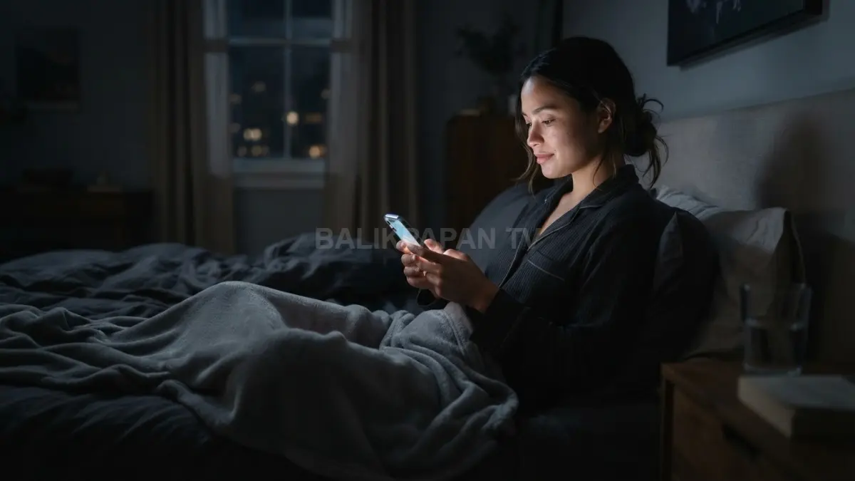 Suasana nyaman saat bersantai memainkan ponsel di kamar tidur yang redup menjelang waktu istirahat. (BTV/Ai)