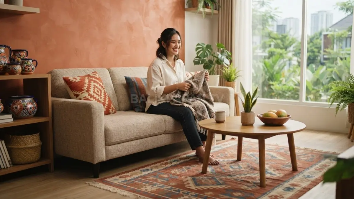 Tekstil tenun Meksiko menghadirkan kehangatan melalui karpet bermotif, bantal terracotta, dan furnitur sederhana modern. (BTV/AI)