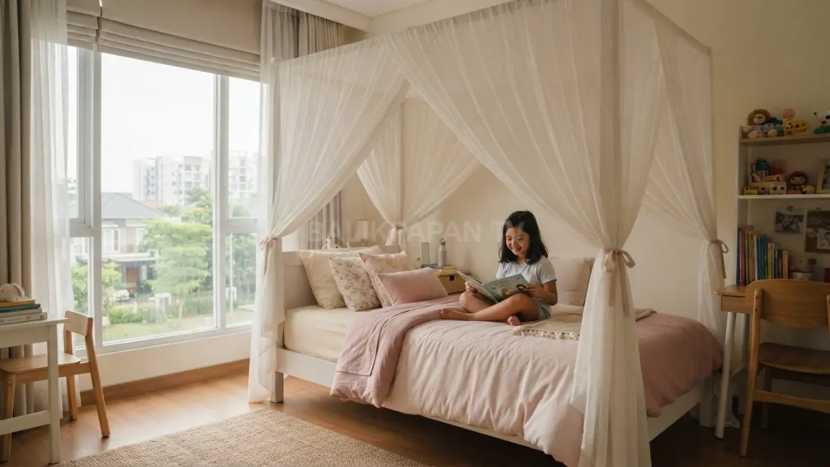 Tempat tidur berkanopi tipis menghadirkan nuansa princess lembut, dreamy, dan tetap nyaman untuk anak. (BTV/AI)