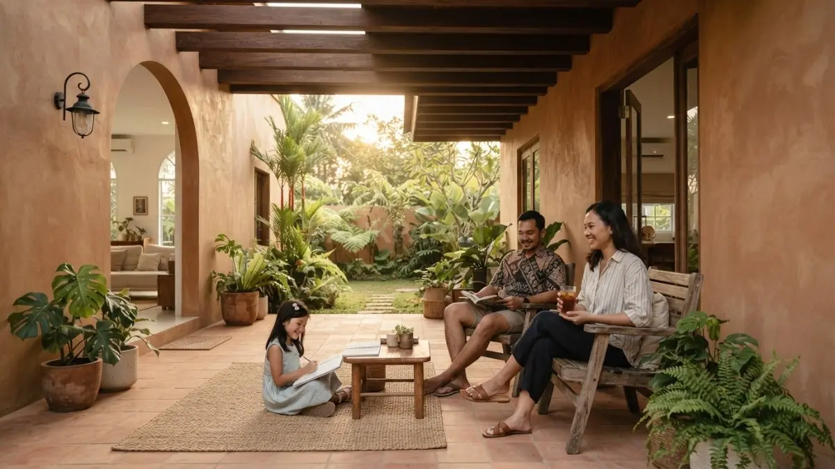 Teras lebar bergaya Adobe Revival menghadirkan atap teduh, dinding warna tanah, dan material natural yang hangat. (BTV/AI)