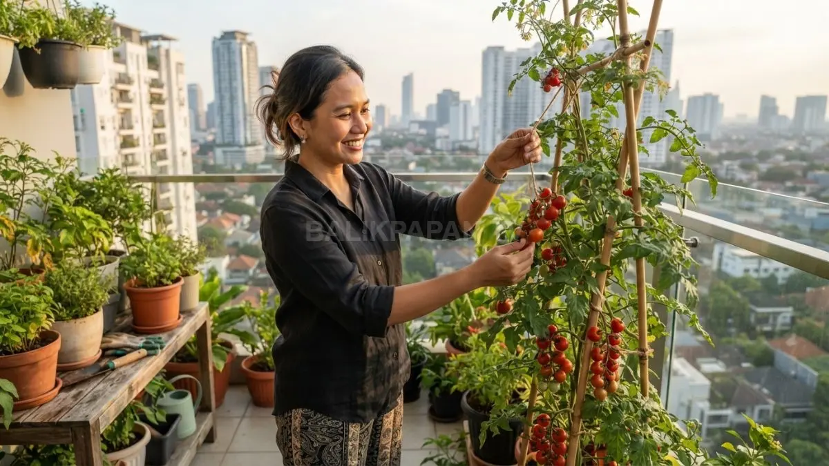 Tomat ceri cocok untuk balkon karena produktif, menarik, dan dapat ditanam dalam pot dengan penyangga. (BTV/AI)