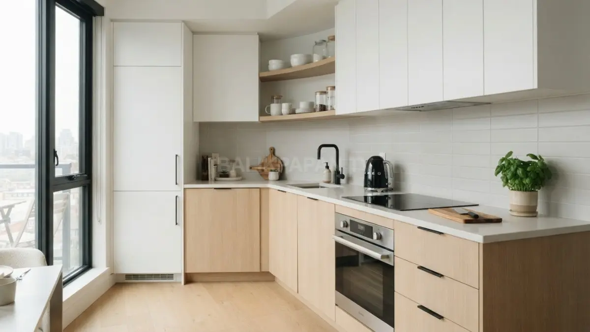 Warna terang dan palet terbatas membuat dapur kecil terasa lapang, rapi, harmonis, serta tetap berkarakter. (BTV/AI)