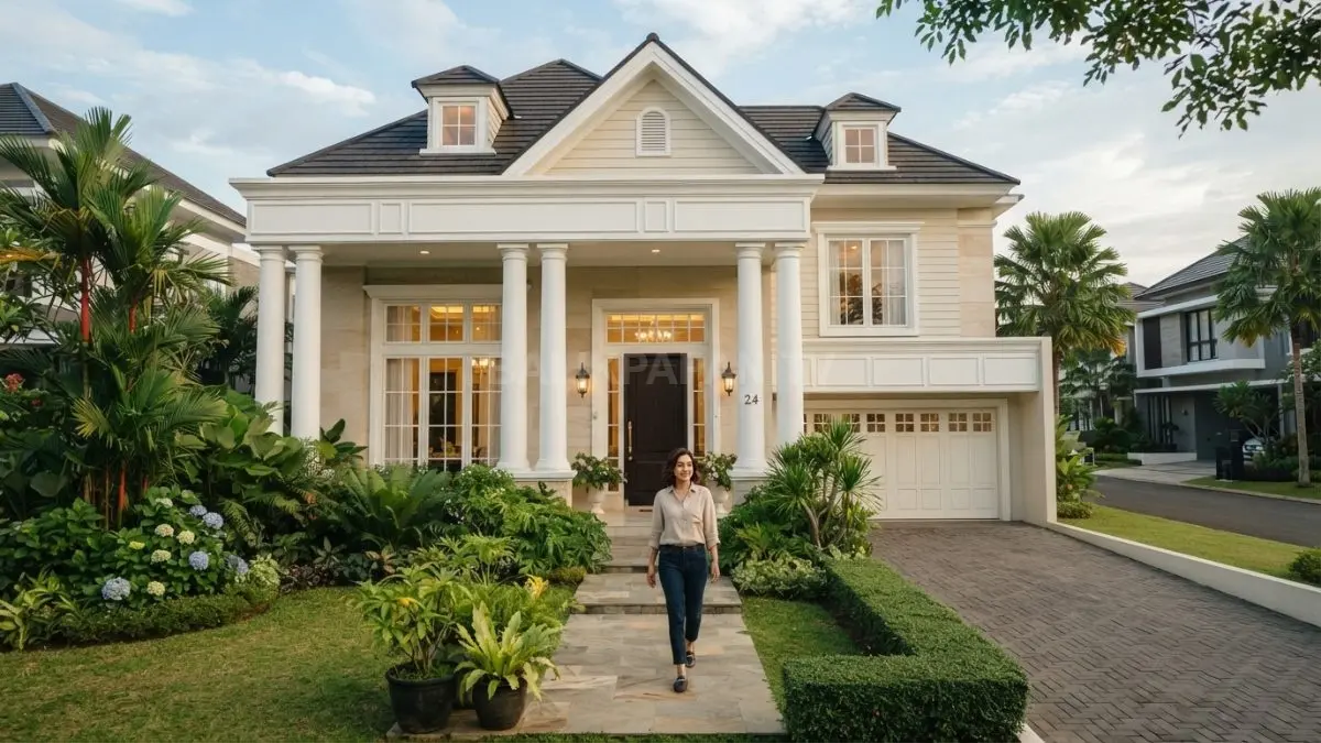 American Classic Glamor memadukan fasad simetris, pilar tinggi, jendela besar, material kayu, dan pencahayaan elegan. (BTV/AI)