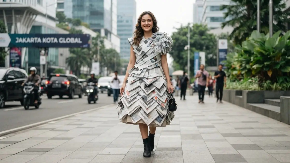 Baju kreasi unik dari koran bekas dengan desain grafis hitam putih bergaya editorial modern. (BTV/AI)