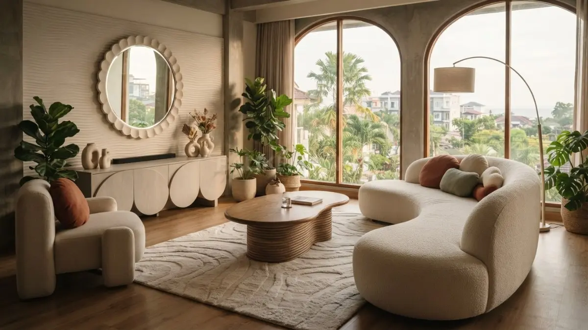 Bentuk gelombang pada furnitur dan dekorasi menghadirkan ritme visual lembut yang membuat ruang terasa unik, hangat, dan dinamis. (BTV/AI)