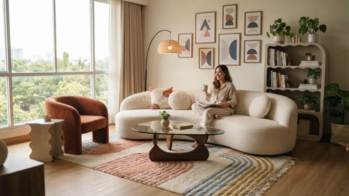 Bentuk geometris playful memperkaya interior dengan aksen warna dan komposisi dinamis, tetap seimbang serta fungsional. (BTV/AI)