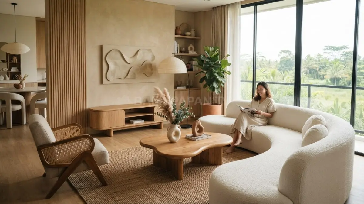Bentuk organik dan material alami menciptakan interior hangat, unik, seimbang, serta tetap fungsional bagi penghuni rumah. (BTV/AI)