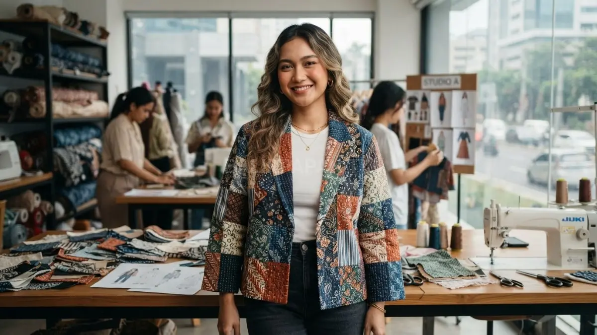 Busana kain perca berwarna-warni dengan susunan motif unik, tampil kreatif dan menarik di panggung fashion show. (BTV/AI)