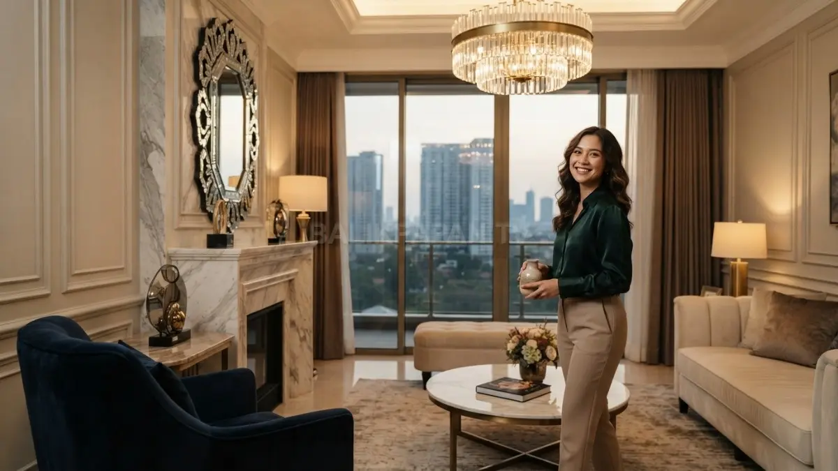 Classic glam memadukan molding, chandelier, marmer, cermin dekoratif, dan furnitur elegan untuk menciptakan interior mewah berkarakter. (BTV/AI)
