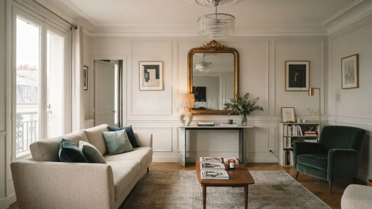 Dekorasi Paris memadukan warna lembut, ornamen klasik, furnitur elegan, cermin dekoratif, dan pencahayaan hangat berkelas. (BTV/AI)