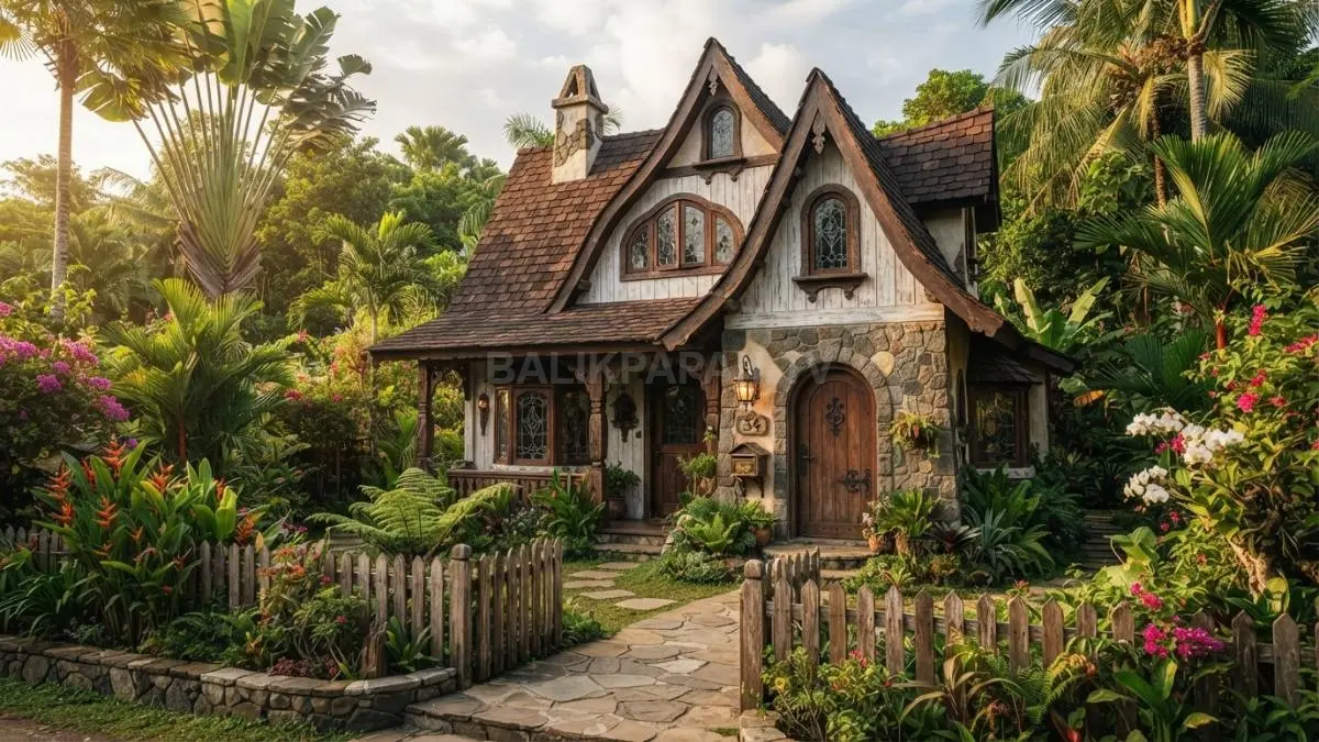 Detail kecil seperti pegangan pintu, lampu, pagar, dan ornamen kayu memperkuat karakter rumah storybook yang personal. (BTV/AI)